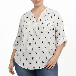 Torrid Harper Blouse Womens 2 Plus White Black Cat Print Roll Tab Sleeve 2X